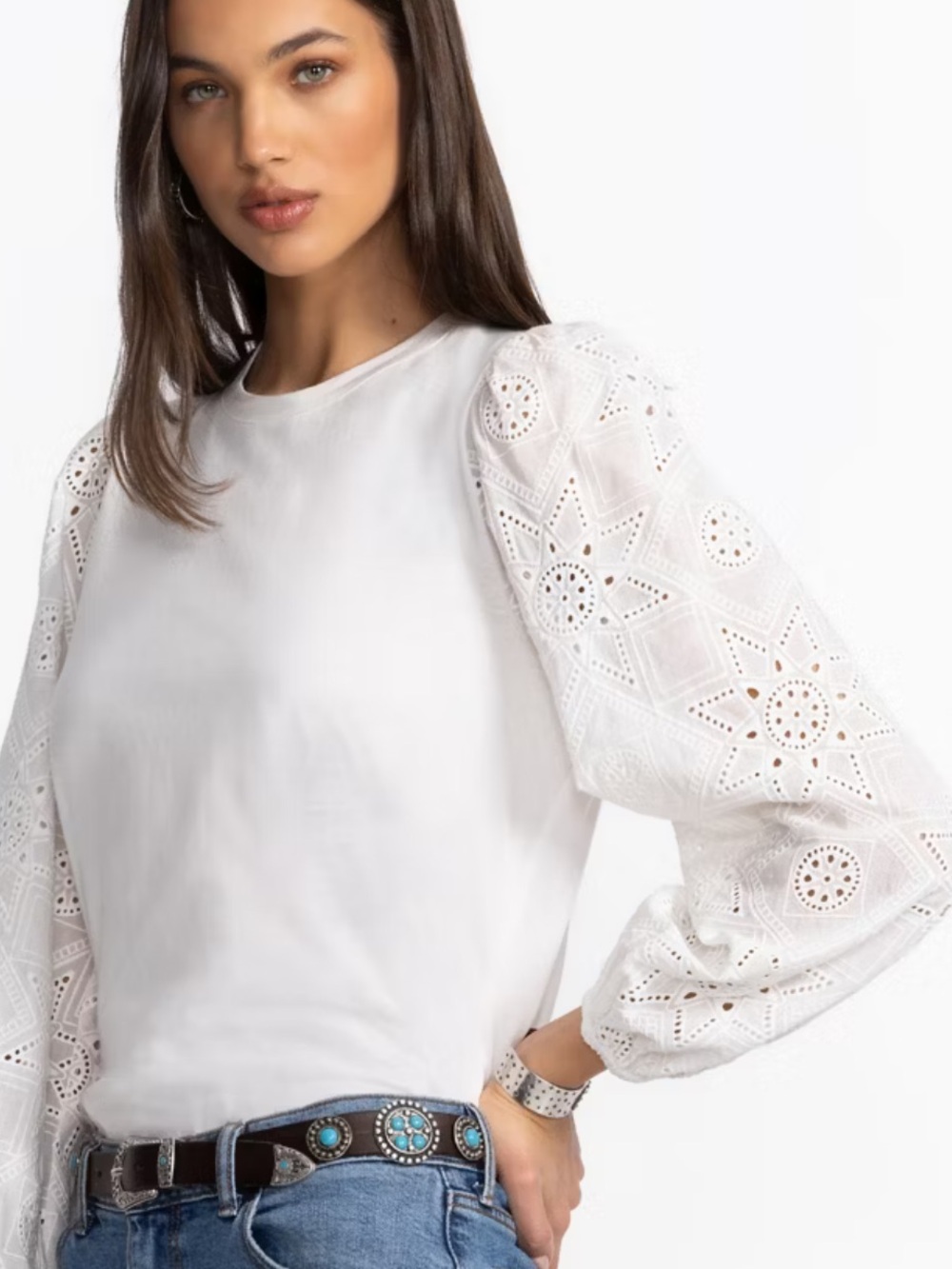 Johnny Was White Nora Long Sleeve Easy Tee Lace-Sleeve Jade Top Large